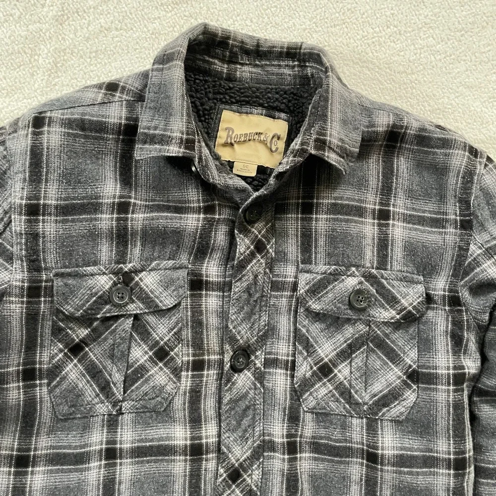 Roebuck & Co‎ Mens Shirt Jacket S Grey Plaid Sherpa Lined Flannel 4894263091662